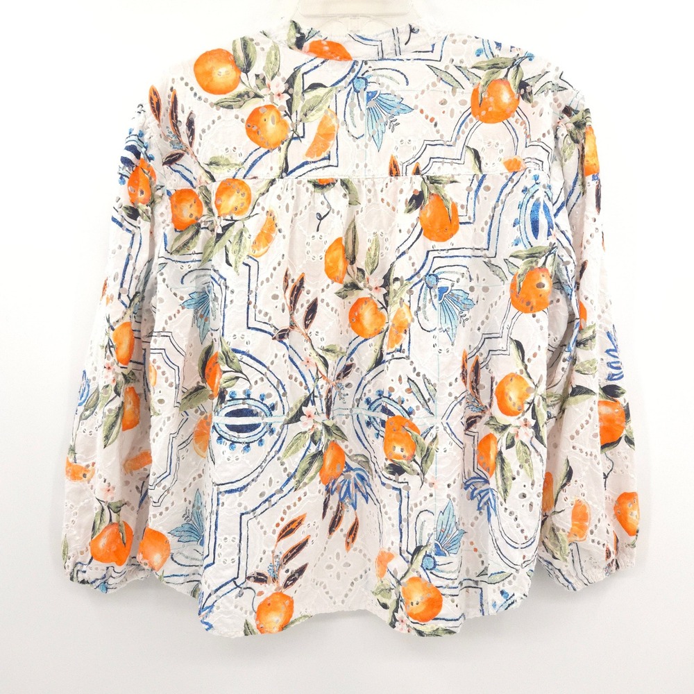 Chico's Orange Citrus Eyelet Blouse Women Size 3 (XL) White Balloon Sleeve Top